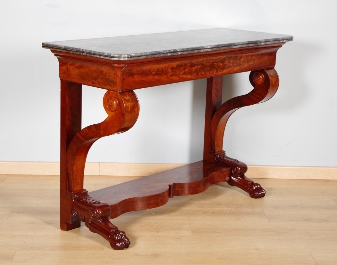 Restoration Console Table In Mahogany And Burl Mahogany Veneer, Circa 1815