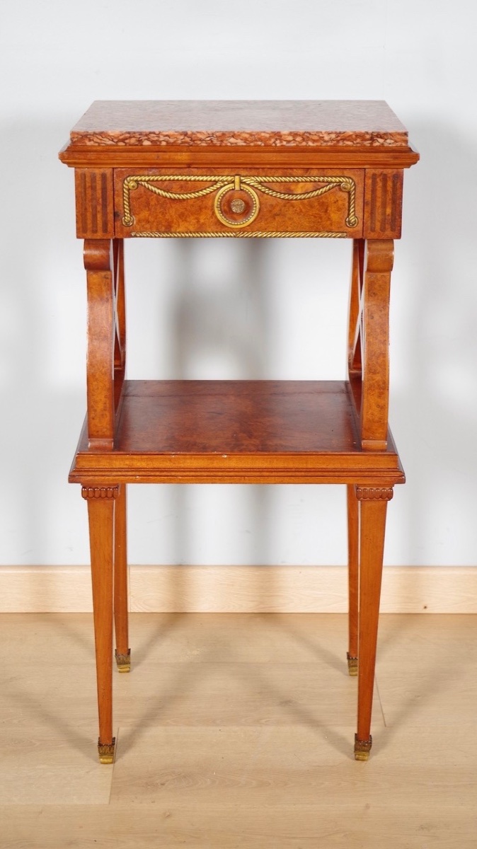 Paire de chevets Louis XVI en acajou, loupe d'amboine et bronze doré, vers 1900-photo-3