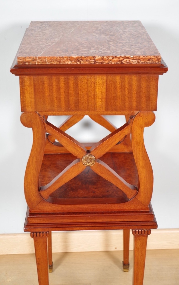 Paire de chevets Louis XVI en acajou, loupe d'amboine et bronze doré, vers 1900-photo-6