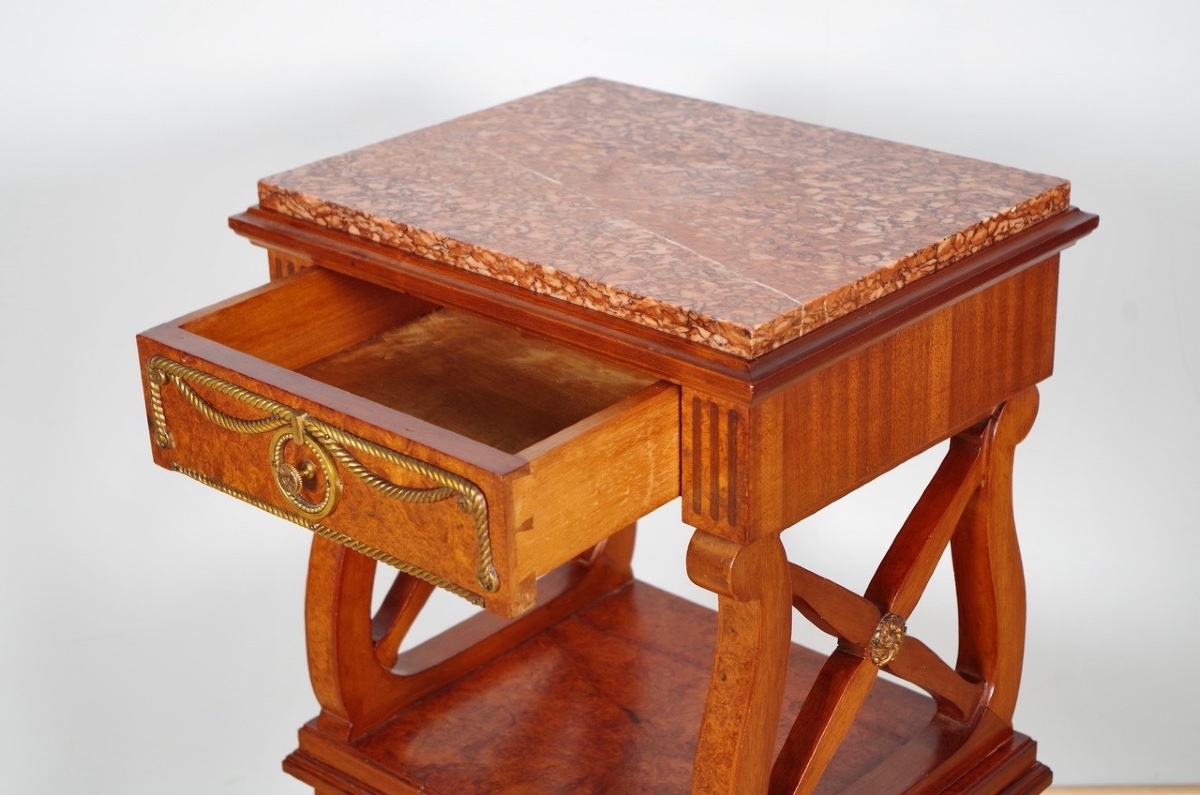 Paire de chevets Louis XVI en acajou, loupe d'amboine et bronze doré, vers 1900-photo-7