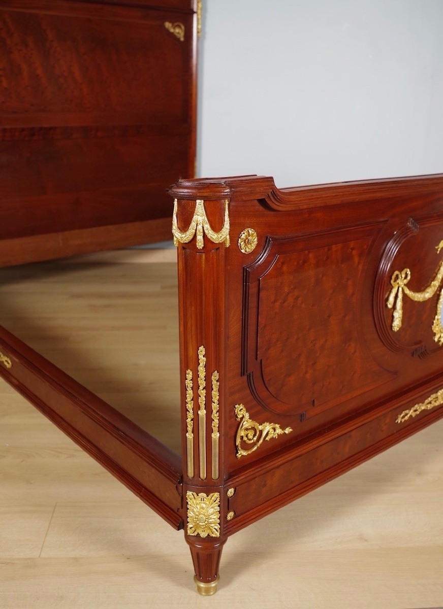 Louis XVI Bed In Mahogany, Gilded Bronze, And Wedgwood, Circa 1880-photo-3