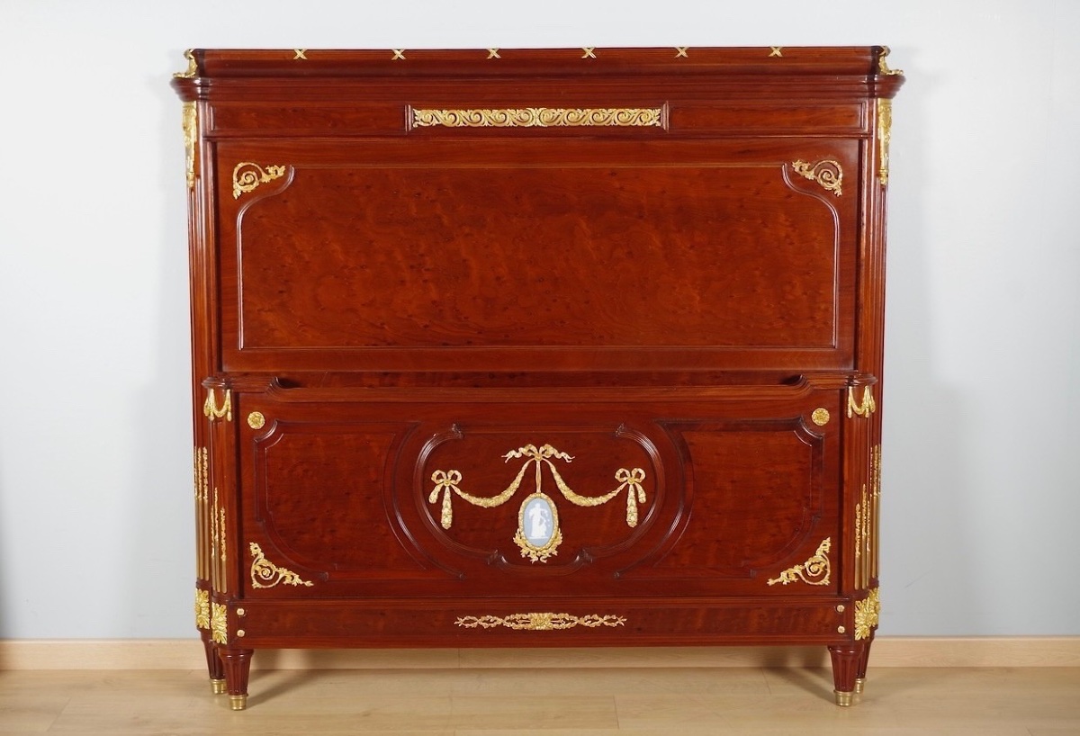 Louis XVI Bed In Mahogany, Gilded Bronze, And Wedgwood, Circa 1880