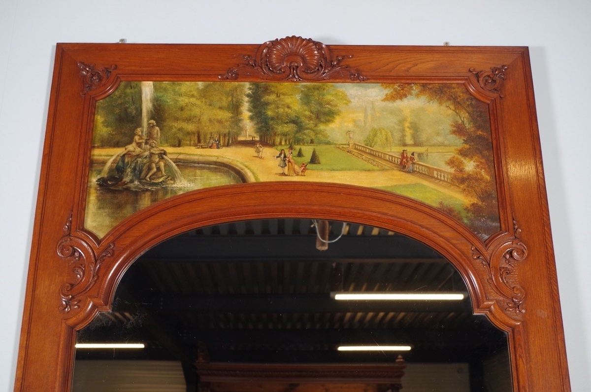 Console trumeau Régence en chêne sculpté, huile/toile, scène de parc, vers 1900-photo-2
