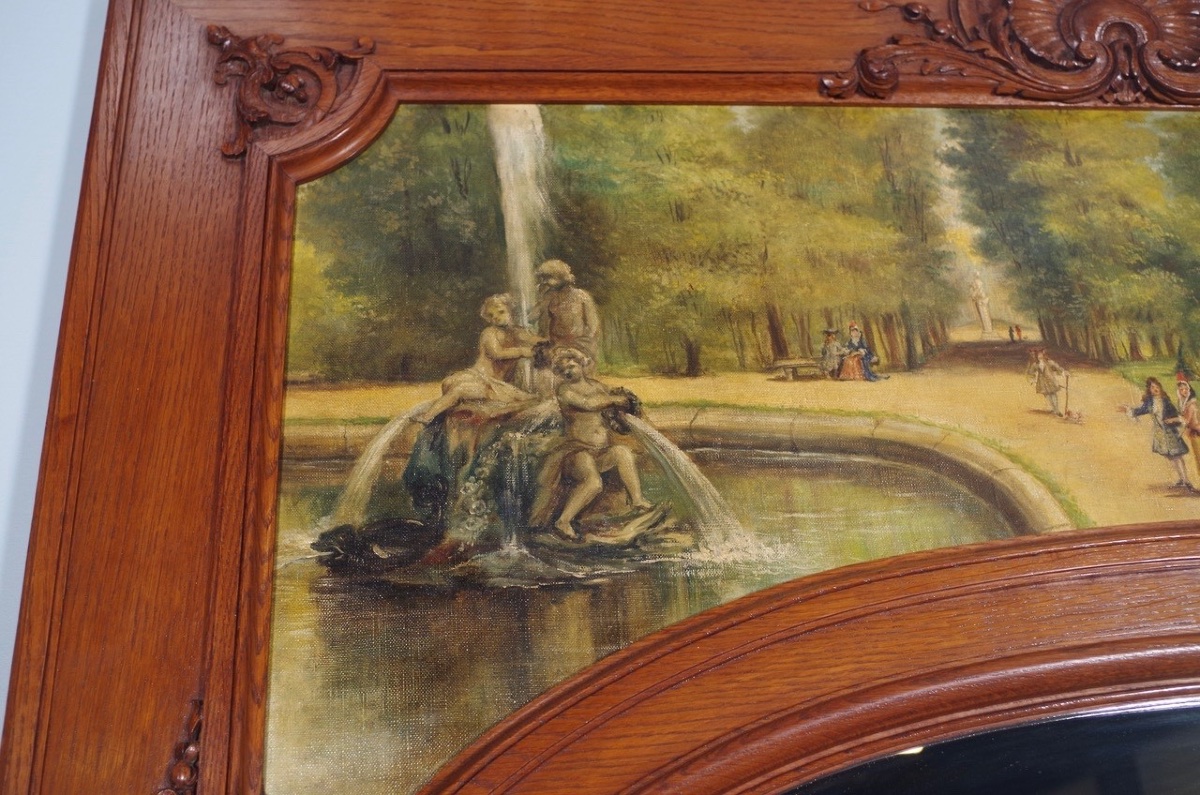 Console trumeau Régence en chêne sculpté, huile/toile, scène de parc, vers 1900-photo-3