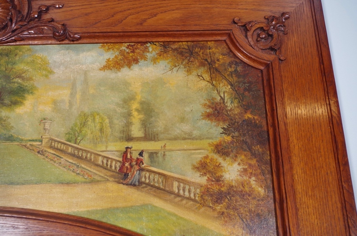 Console trumeau Régence en chêne sculpté, huile/toile, scène de parc, vers 1900-photo-1