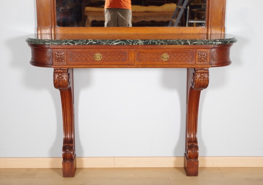 Console trumeau Régence en chêne sculpté, huile/toile, scène de parc, vers 1900-photo-2