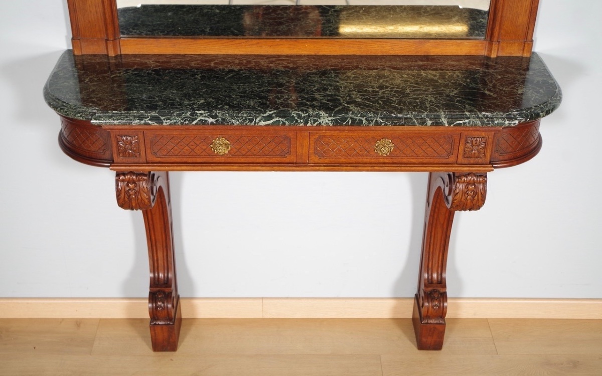 Console trumeau Régence en chêne sculpté, huile/toile, scène de parc, vers 1900-photo-3