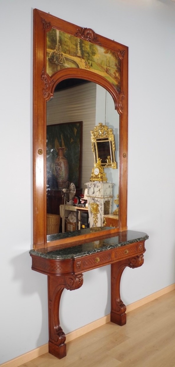 Console trumeau Régence en chêne sculpté, huile/toile, scène de parc, vers 1900-photo-4