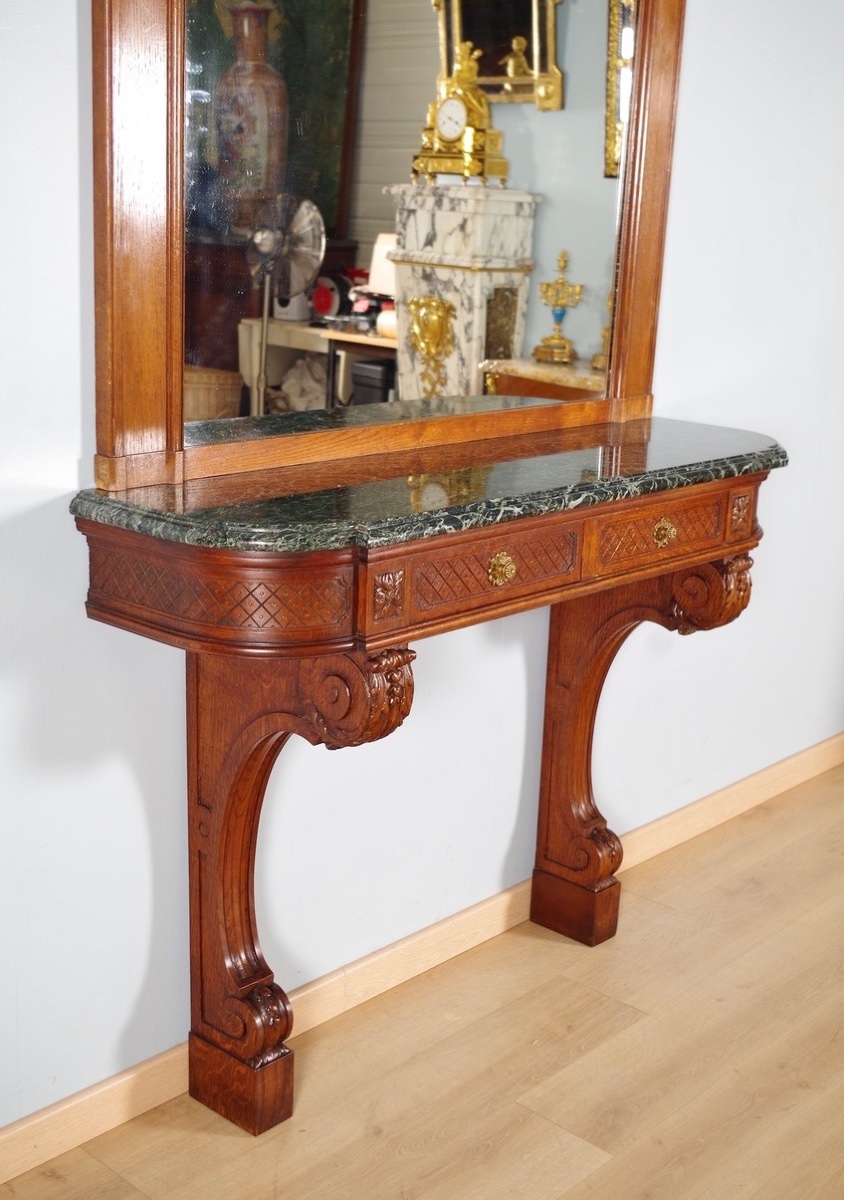 Console trumeau Régence en chêne sculpté, huile/toile, scène de parc, vers 1900-photo-5