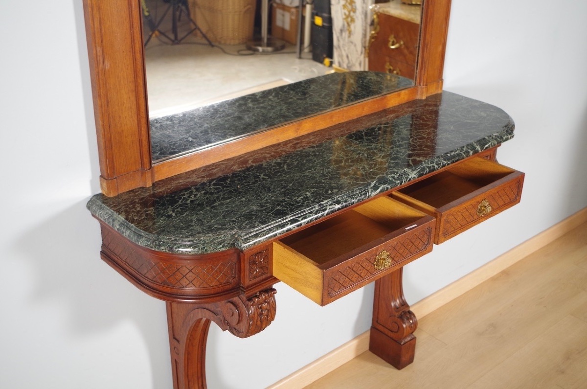 Console trumeau Régence en chêne sculpté, huile/toile, scène de parc, vers 1900-photo-7