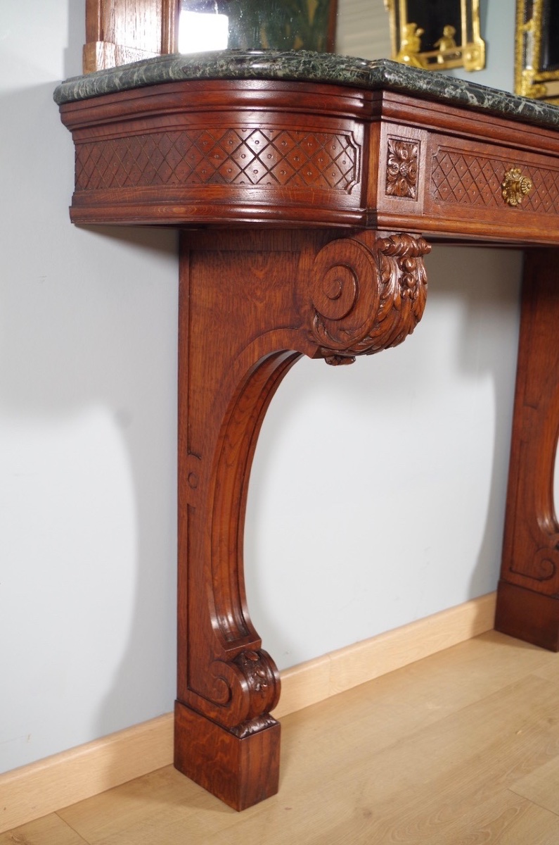 Console trumeau Régence en chêne sculpté, huile/toile, scène de parc, vers 1900-photo-8