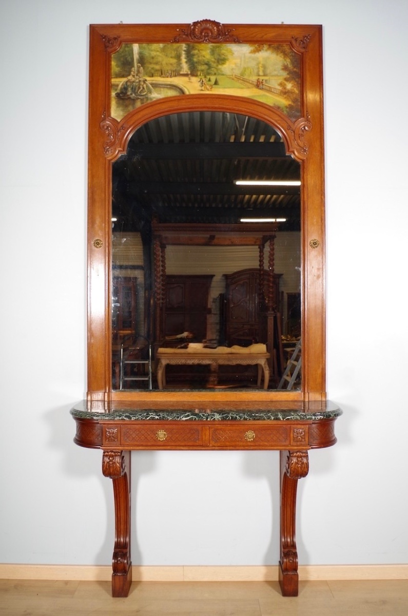 Console trumeau Régence en chêne sculpté, huile/toile, scène de parc, vers 1900
