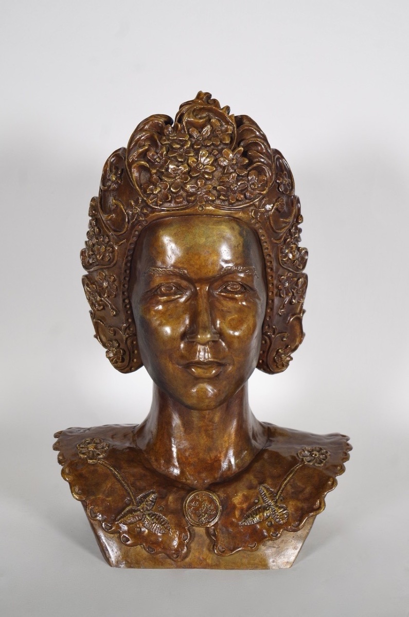 Annick Ortín, buste de femme en bronze style Art nouveau, cire perdue, 2002