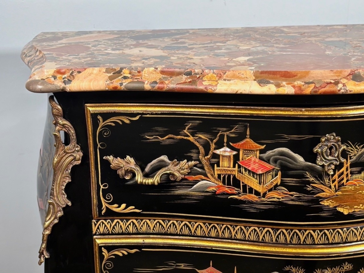 Louis XV Chest Of Drawers With Chinese Lacquer And Breccia Marble, Circa 1950-photo-2