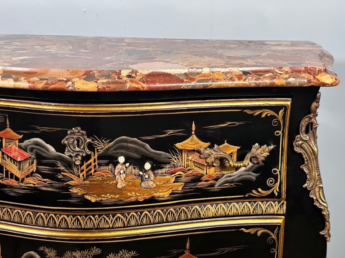 Louis XV Chest Of Drawers With Chinese Lacquer And Breccia Marble, Circa 1950-photo-3