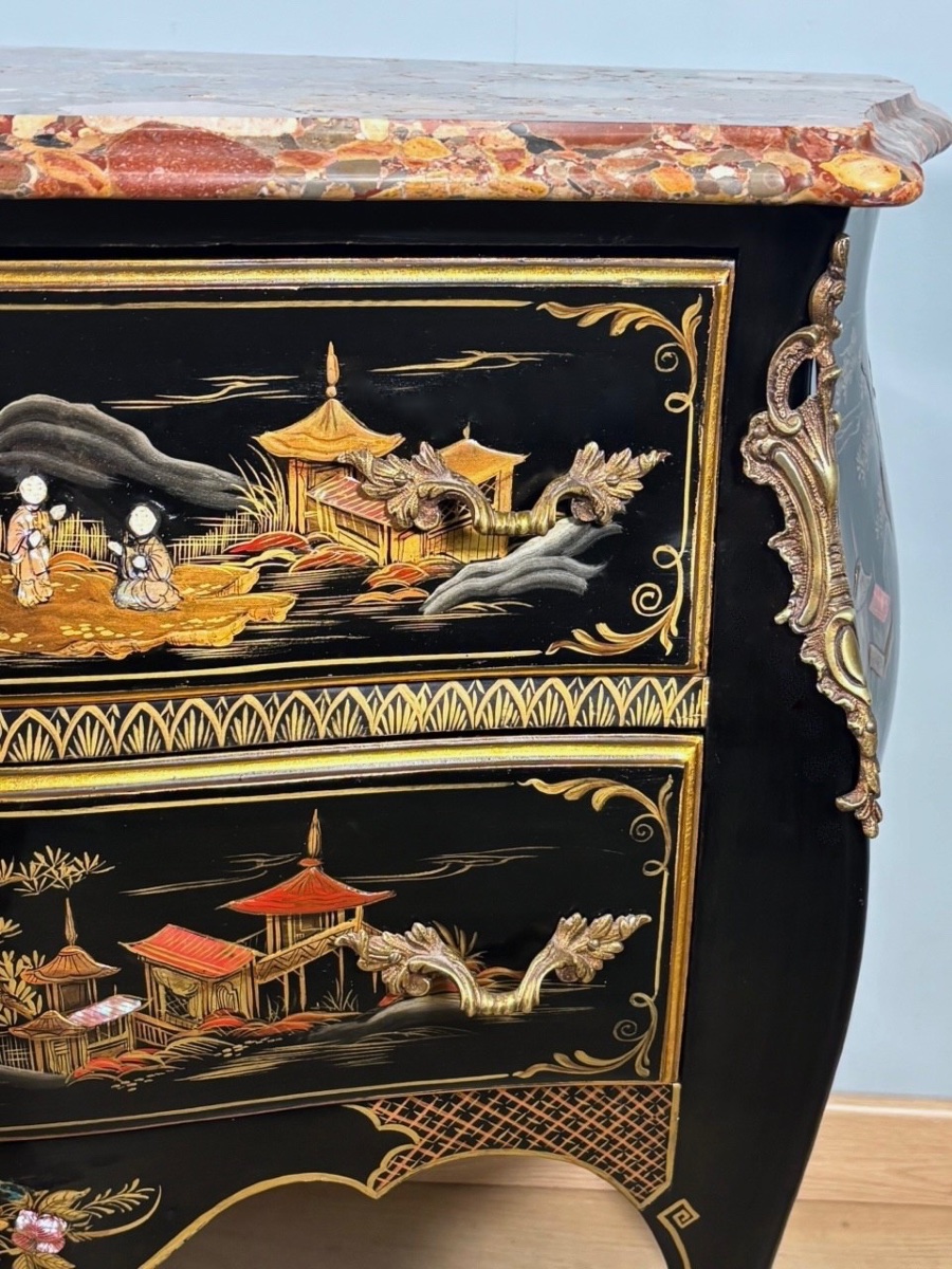 Louis XV Chest Of Drawers With Chinese Lacquer And Breccia Marble, Circa 1950-photo-1