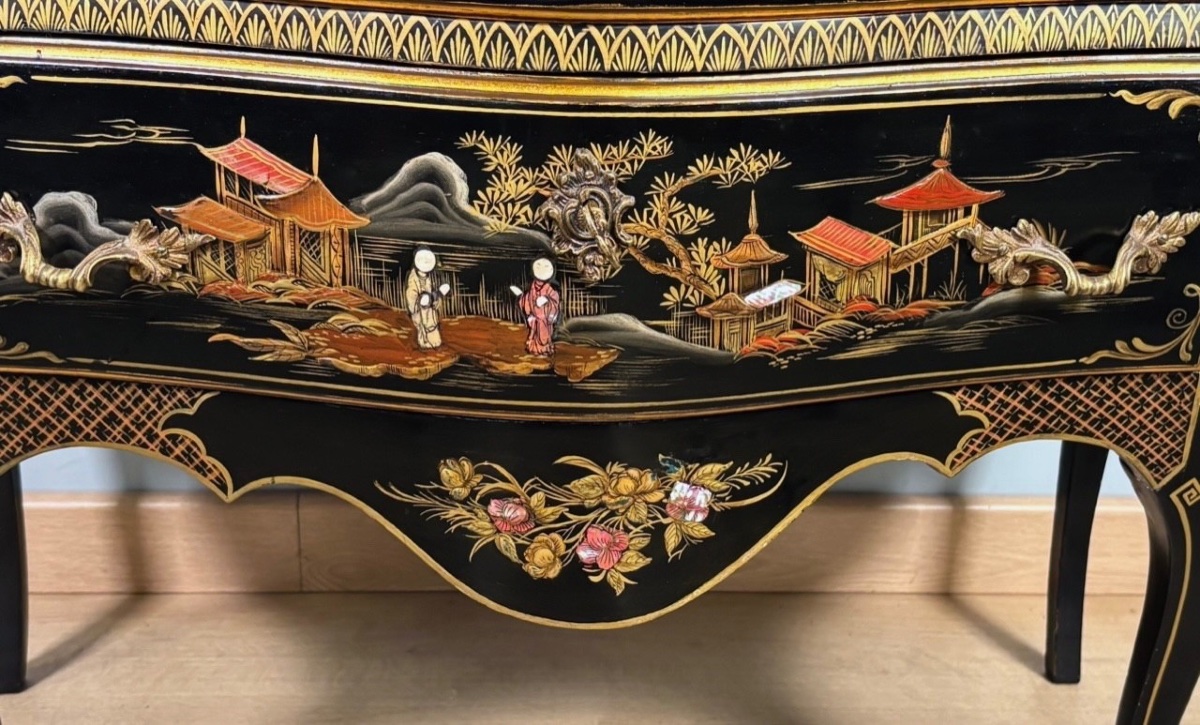 Louis XV Chest Of Drawers With Chinese Lacquer And Breccia Marble, Circa 1950-photo-2