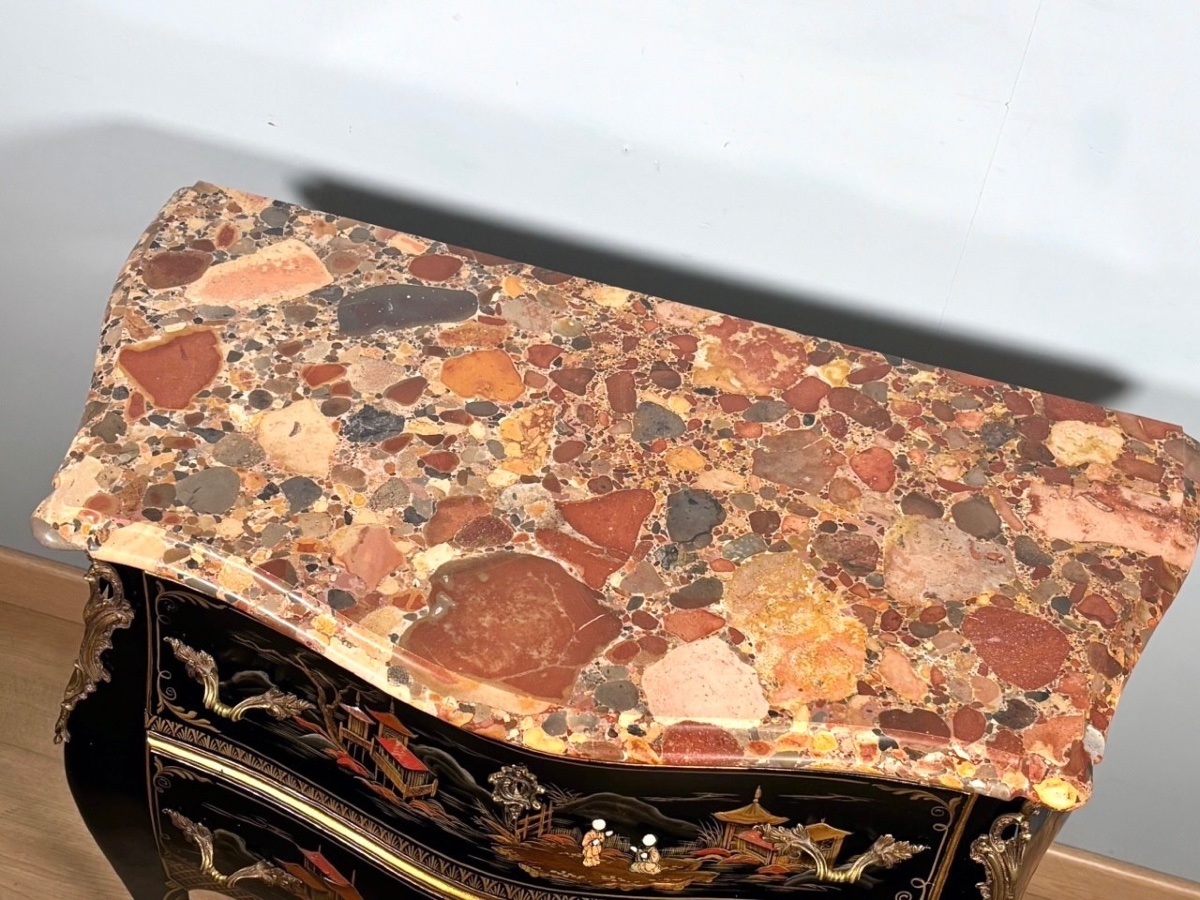 Louis XV Chest Of Drawers With Chinese Lacquer And Breccia Marble, Circa 1950-photo-4