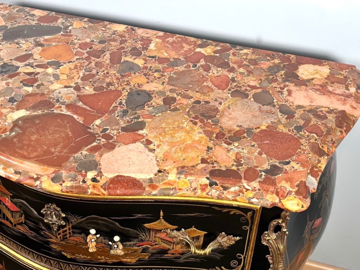 Louis XV Chest Of Drawers With Chinese Lacquer And Breccia Marble, Circa 1950-photo-5