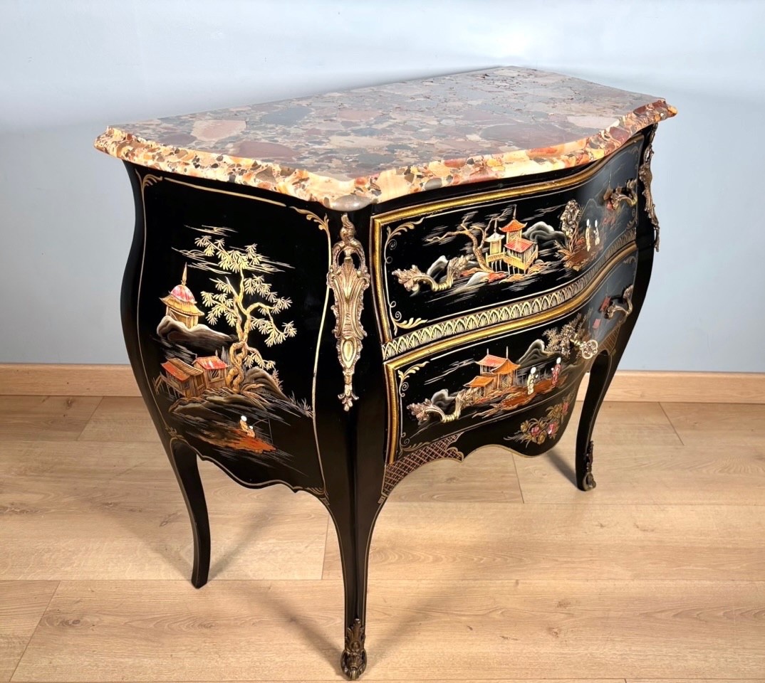 Louis XV Chest Of Drawers With Chinese Lacquer And Breccia Marble, Circa 1950-photo-6