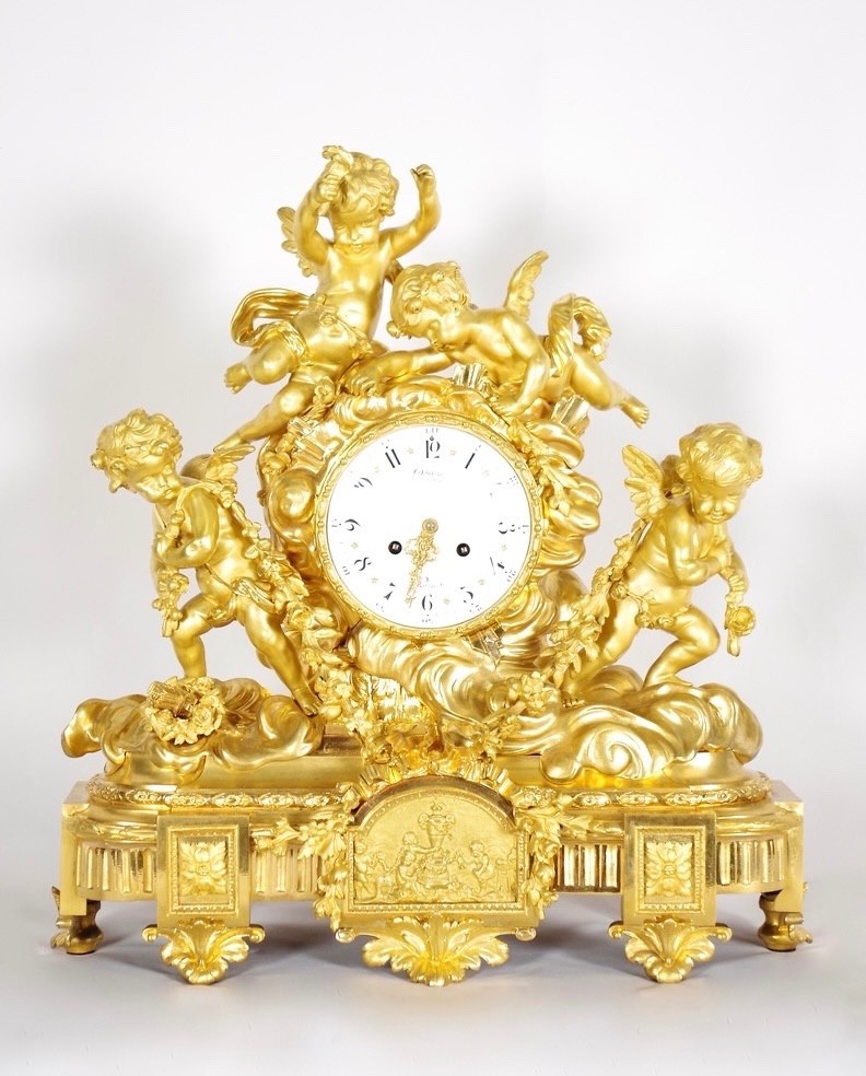 Louis XVI-style Gilded Bronze Mantelpiece Set, Signed Denière, Circa 1860-photo-2