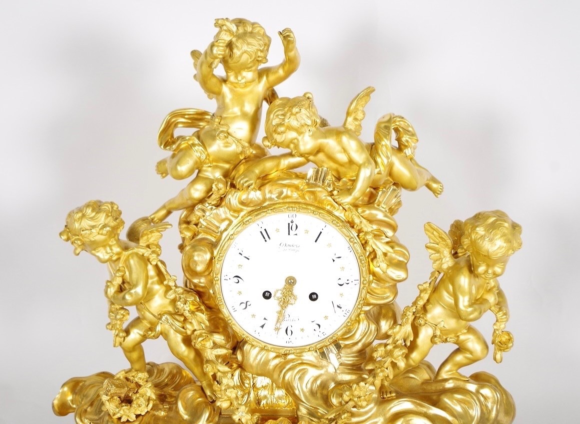 Louis XVI-style Gilded Bronze Mantelpiece Set, Signed Denière, Circa 1860-photo-3