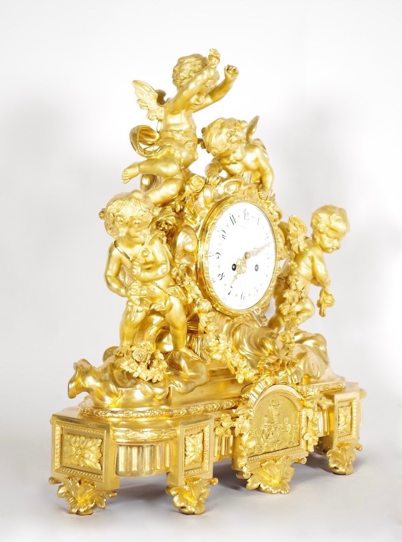 Louis XVI-style Gilded Bronze Mantelpiece Set, Signed Denière, Circa 1860-photo-2