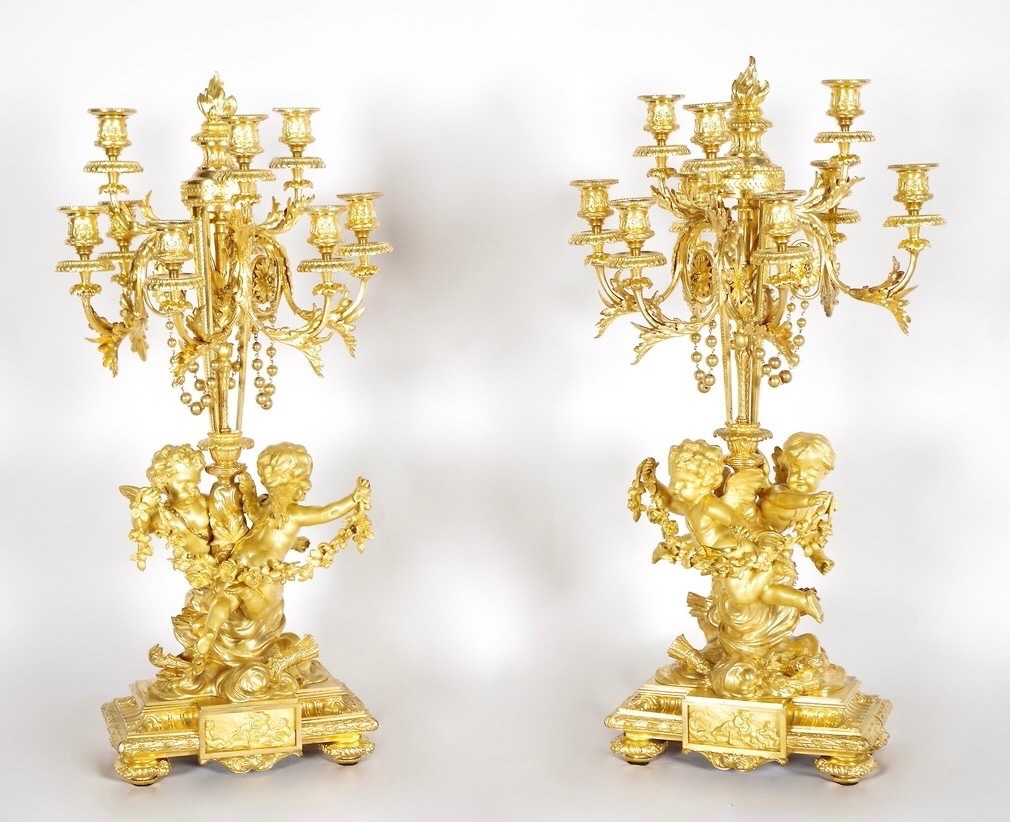 Louis XVI-style Gilded Bronze Mantelpiece Set, Signed Denière, Circa 1860-photo-3