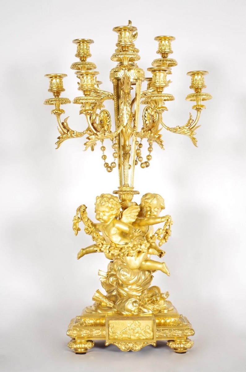 Louis XVI-style Gilded Bronze Mantelpiece Set, Signed Denière, Circa 1860-photo-5