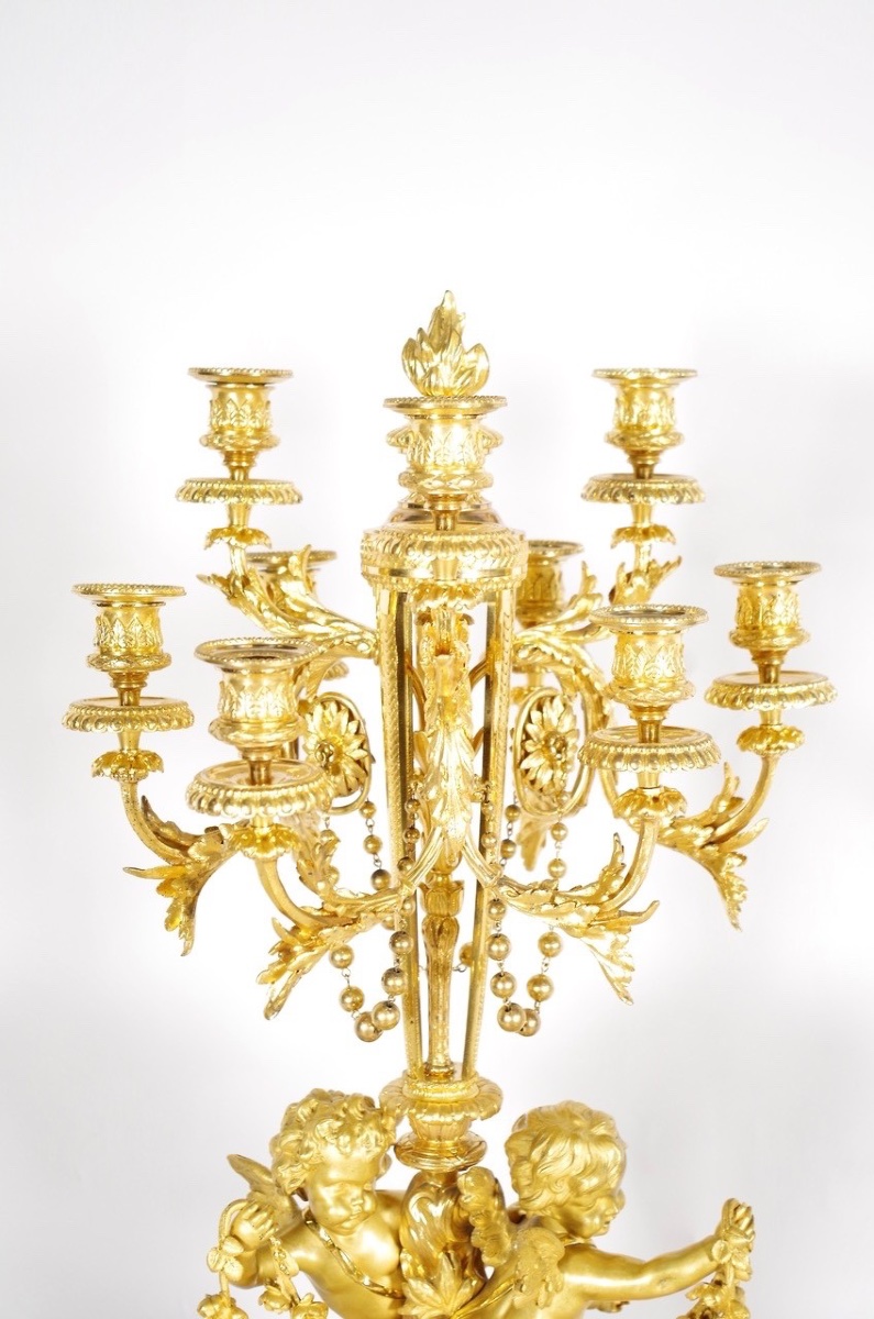 Louis XVI-style Gilded Bronze Mantelpiece Set, Signed Denière, Circa 1860-photo-6