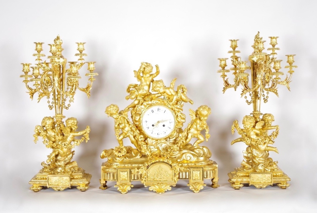 Louis XVI-style Gilded Bronze Mantelpiece Set, Signed Denière, Circa 1860