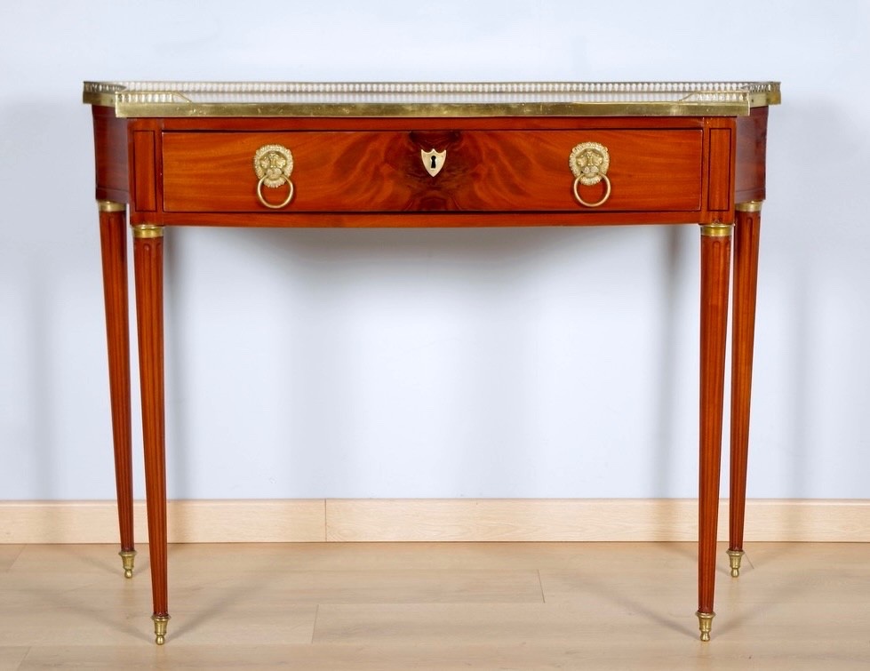 Louis XVI-style Console Table In Flamed Mahogany, Marble, And Gilded Bronze-photo-2