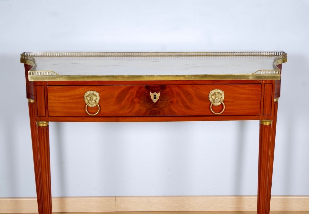 Louis XVI-style Console Table In Flamed Mahogany, Marble, And Gilded Bronze-photo-3