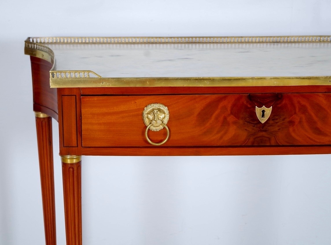 Louis XVI-style Console Table In Flamed Mahogany, Marble, And Gilded Bronze-photo-4