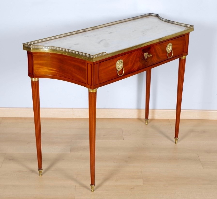 Louis XVI-style Console Table In Flamed Mahogany, Marble, And Gilded Bronze-photo-1
