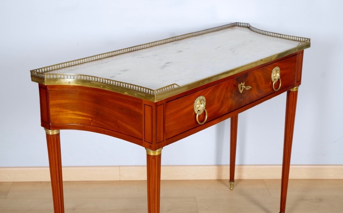 Louis XVI-style Console Table In Flamed Mahogany, Marble, And Gilded Bronze-photo-2