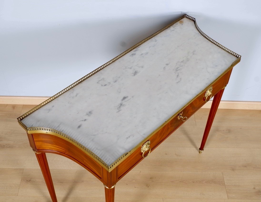 Louis XVI-style Console Table In Flamed Mahogany, Marble, And Gilded Bronze-photo-3