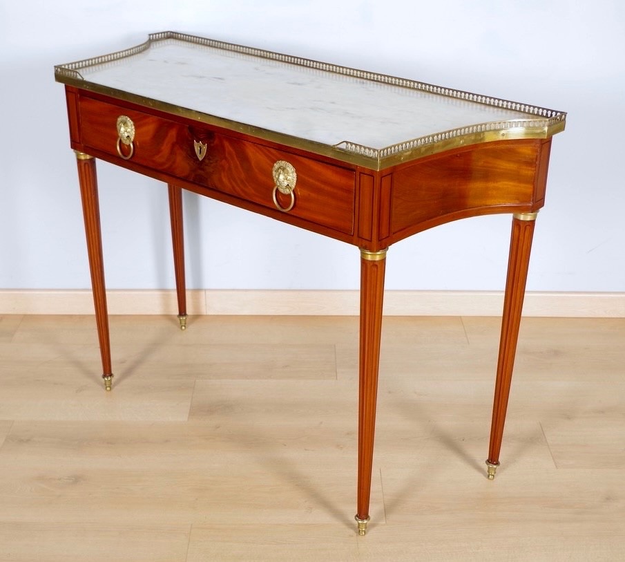 Louis XVI-style Console Table In Flamed Mahogany, Marble, And Gilded Bronze-photo-5