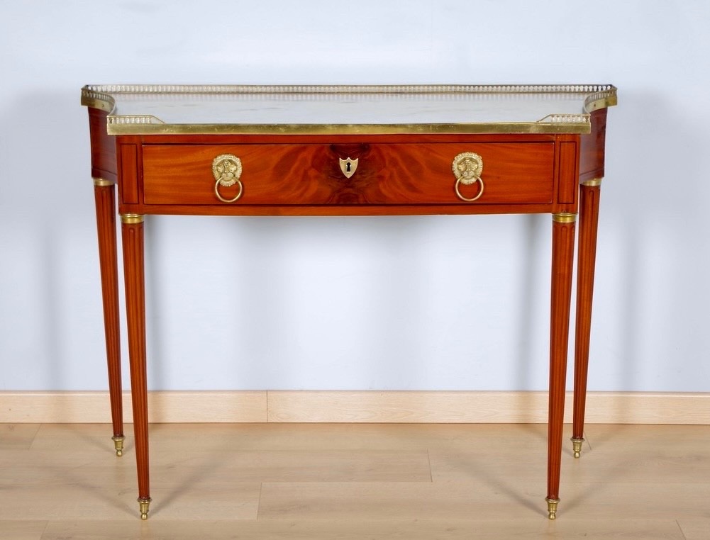 Louis XVI-style Console Table In Flamed Mahogany, Marble, And Gilded Bronze
