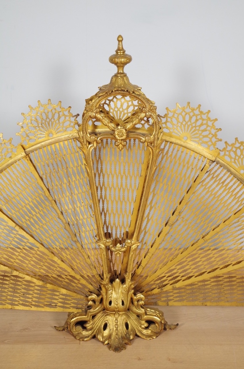 Napoleon III-style Fan-shaped Fireplace Screen, Gilded Bronze, Circa 1880-photo-2