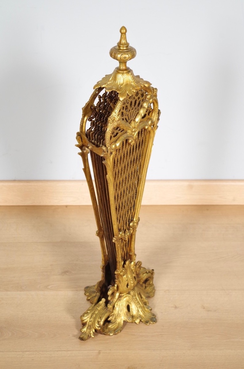 Napoleon III-style Fan-shaped Fireplace Screen, Gilded Bronze, Circa 1880-photo-4