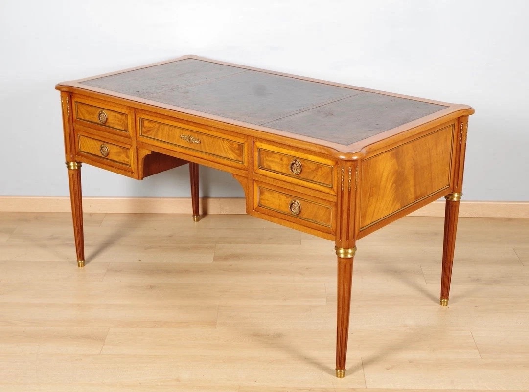 Louis XVI-style Flat-topped Desk In Mahogany, Brass, And Gilded Bronze, Circa 1950