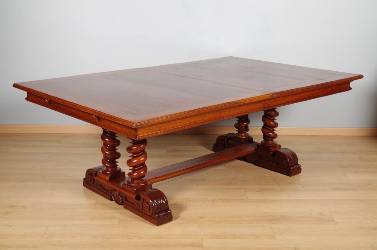 Renaissance-style Dining Table In Carved Walnut, With Four Extension Leaves, Circa 1900-photo-4