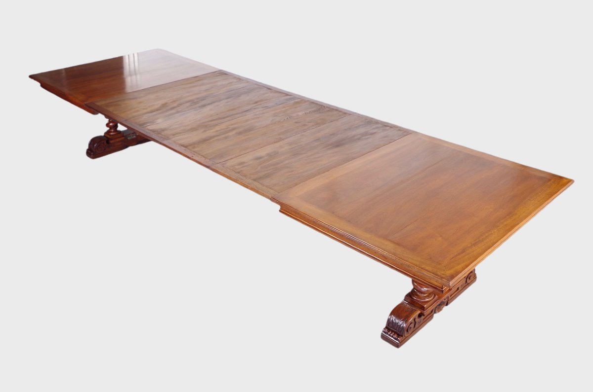 Renaissance-style Dining Table In Carved Walnut, With Four Extension Leaves, Circa 1900-photo-7