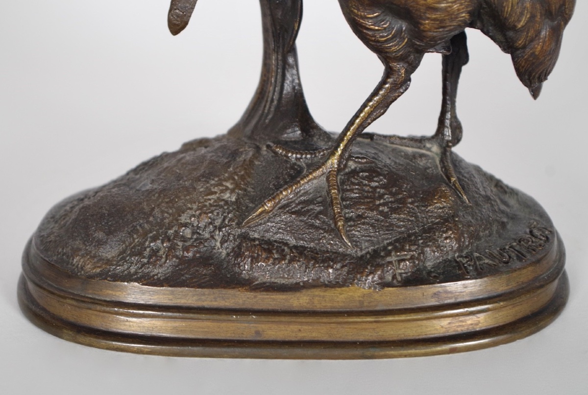 Partridge With Earthworm, In Patinated Bronze, Signed By Ferdinand Pautrot-photo-2