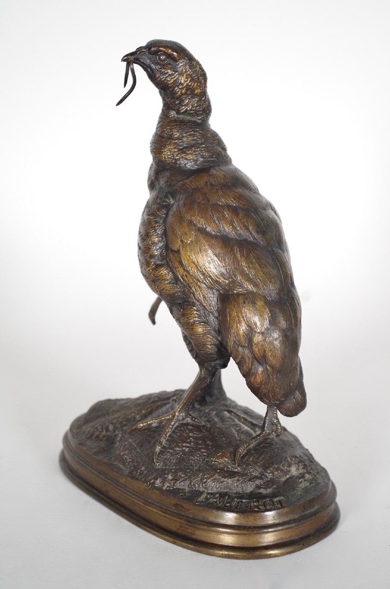 Partridge With Earthworm, In Patinated Bronze, Signed By Ferdinand Pautrot-photo-3