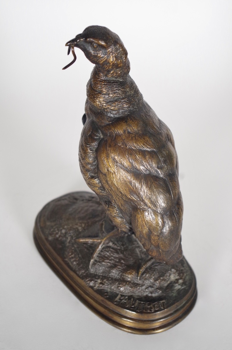 Partridge With Earthworm, In Patinated Bronze, Signed By Ferdinand Pautrot-photo-4