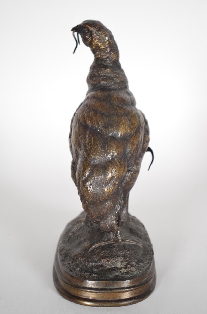 Partridge With Earthworm, In Patinated Bronze, Signed By Ferdinand Pautrot-photo-2