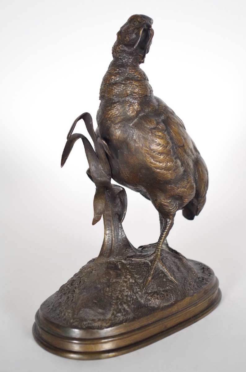 Partridge With Earthworm, In Patinated Bronze, Signed By Ferdinand Pautrot-photo-3