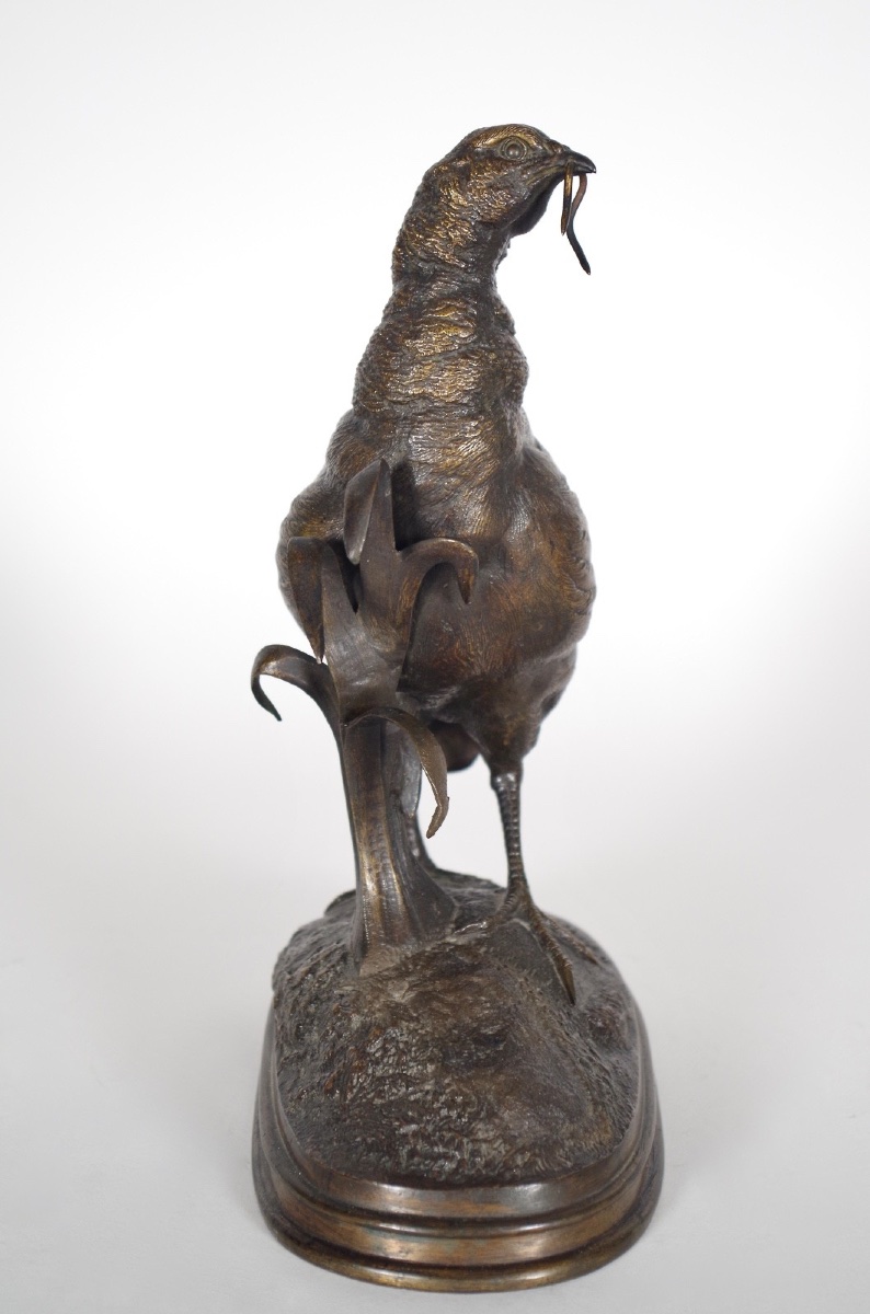 Partridge With Earthworm, In Patinated Bronze, Signed By Ferdinand Pautrot-photo-4